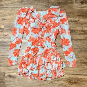 Olivaceous Coral Floral Mini Dress with Light Blue Base